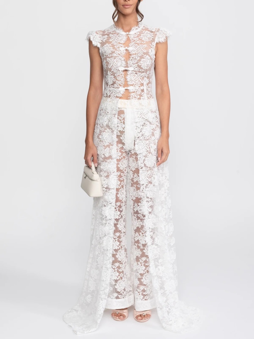 Sierra Darien Cassiane Sheer Lace Top and Palazzo Pants in White